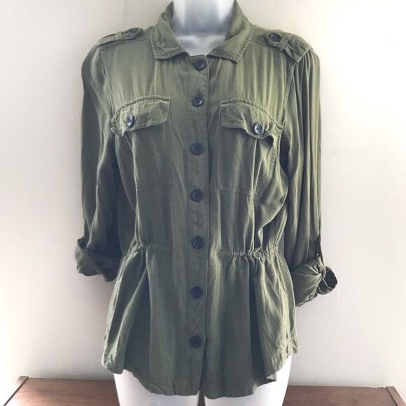 Sonoma Life + Style Button Down Cinch Waist 3/4 sleeve top, Army Green - Picture 1 of 6